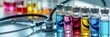 Test tubes with various solutions stethoscope background Emphasizing science medical research