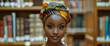 Portrait of a young African woman in a university library in search of knowledge and improvement in her studies. Intelligent ebony African woman in traditional attire.