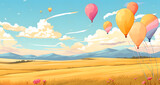 Fototapeta Las - a yellow field with many different colored balloons floating in the sky
