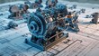 Engine 3D model on top of engineering schematics - automotive mechanical engineering