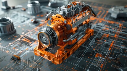 Engine 3D model on top of engineering schematics - automotive mechanical engineering