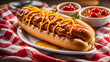 Delicious hearty hot dogs covered in sauce, picnic scene
