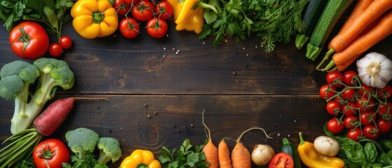 Wall Mural - Vegetables on wood. Healthy various vegetable food, herbs and spices. Space for text