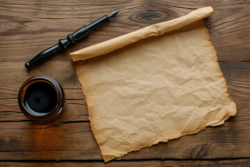 Wall Mural - Vintage Paper and Compass on Wooden Table with Blank Book and Pen, Antique Note and Pencil, Retro Office Object with Old Ink Texture