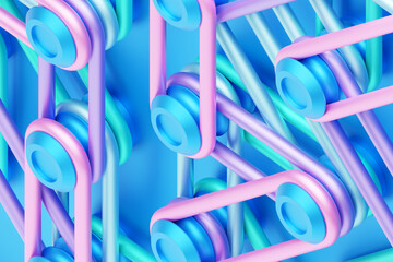 Fototapete - A composition in which bright multi-colored re-ins are stretched on buttons. 3D rendering digital illustration. Abstract  crossing lines pattern