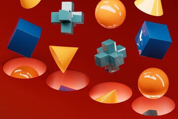 Poster - 3D illustration of multi-colored volumetric geometric shapes falling into a portal on a red  background
