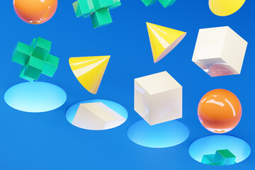 Poster - 3D rendering, ideal shape, multi-colored volumetric figures falling into portals on a blue background, futuristic energy concept