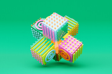 Poster - 3D illustration, abstract shape illusion of various squares with patterns, isometric abstract shapes, intertwining colorful shapes