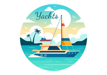 Wall Mural - Yachts Vector Illustration with Ferries Cargo Boats and Ship Sailboat of Water Transport at the Beach in Sunset Flat Cartoon Background