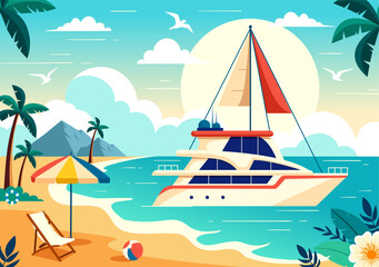 Wall Mural - Yachts Vector Illustration with Ferries Cargo Boats and Ship Sailboat of Water Transport at the Beach in Sunset Flat Cartoon Background