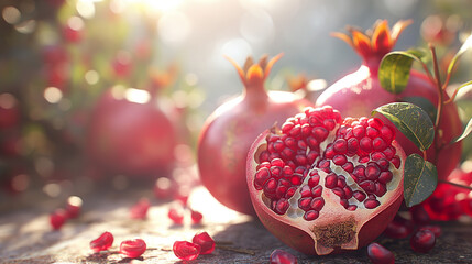 pomegranate one type of four species in a plantation on trees with copyspace for text