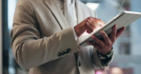 Aufkleber - Person, typing and hands with tablet in office at night to scroll for research, planning or communication. Online, feedback or businessman closeup reading media, review and working on project