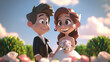 © A B design - cartoon bride and groom wedding cute couple closeup