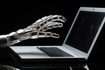 Poster - Innovative Robot hand laptop system. Operation success. Generate Ai