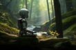 Tranquil Robot meditating forest. Studio tech. Generate Ai