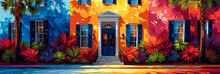 Illustration - Painting - Coastal Home - Bright - Colorfiul - Street - Spring Flowers - Beach - Inspired By The Sights Of Charleston South Carolina - Banner - Header - Landscape 