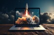 Innovative Rocket laptop startup business. Man data. Generate Ai
