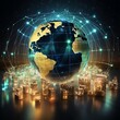 © Kopgz-41 - The image created encapsulates a futuristic vision of global business connectivity and technology, showcasing a world map and globe surrounded by symbols of internet, network, data technology, and dig