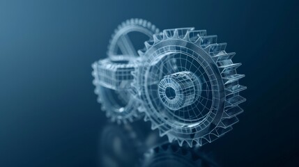 Wall Mural - 3D wireframe illustration of a gear on a dark blue background. Mechanical technology, industry development, engine work are machine engineering symbols. engine work, and business plan illustration.