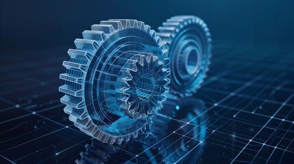 3D wireframe illustration of a gear on a dark blue background. Mechanical technology, industry development, engine work are machine engineering symbols. engine work, and business plan illustration.