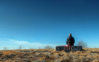 Wall Mural -  an american flag draped over a gravestone on a hill. veterans day illustration. Generated-AI