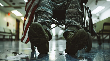 Wall Mural - Close-up detail of man prosthetic leg in a wheelchair in a hospital, an American flag draped over his lap, Veterans day concept. Generated-AI