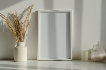 Wall Mural - Vertical frame for mockup. Minimal room interior with mock up photo frame.