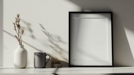 Wall Mural - Vertical frame for mockup. Minimal room interior with mock up photo frame.