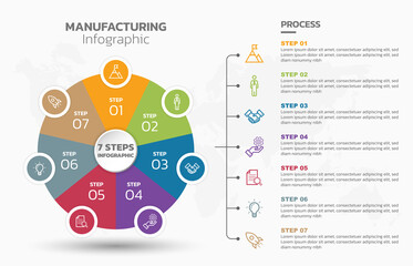 Poster - Visual data presentation. Cycle diagram with 7 options. Pie Chart Circle infographic template with 7 steps, options, parts, segments. Business concept. Editable pie chart with sectors.