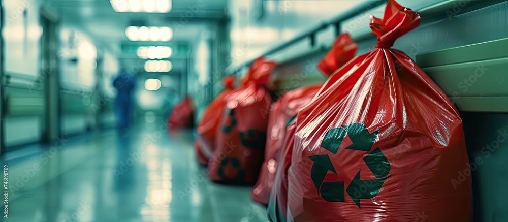 A row of red biohazard bags, marked with the universal biohazard symbol ...