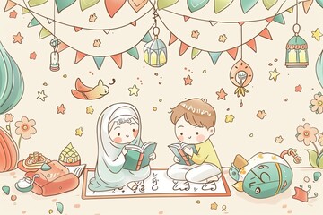 Cartoon cute doodles of characters reading and studying the Quran together, surrounded by cute and inspiring Islamic decorations, Generative AI