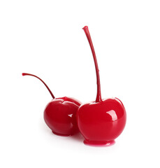 Wall Mural - Tasty maraschino cherries on white background