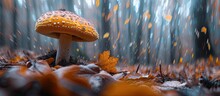 A Bay Bolete Mushroom Sitting On Top Of A Pile Of Leaves In A Forest, With A Swirling Bokeh Effect Created By An Art Lens.