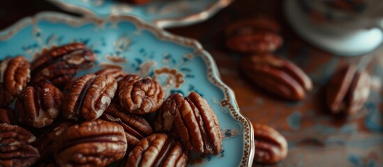 Wall Mural - A close-up view of a plate filled with fresh pecan nuts placed on a wooden table.