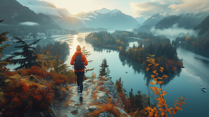 Wall Mural - Trail runner hiking woman in autumn on trail run and hike. a woman living a healthy aspirational outdoor life taking a break during trail running and in Squamish, British Columbia, Canada.