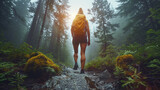 Fototapeta  - Female Hiker walking on a forest trail with camping backpacks. woman from behind hiking in autumn-fall nature woods.  tourist wearing backpacks outdoors trekking on the mountain