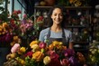 Creative Saleswoman designer flowers. Owner business apron florist girl. Generate Ai