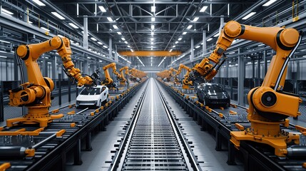 Poster - Car Factory 3D Concept: Automated Robot Arm Assembly Line Manufacturing High-Tech Green Energy Electric Vehicles. Construction, Building, Welding Industrial Production Conveyor. copy space.