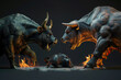 Bull and Bear Statues Facing Off in Dramatic Lighting