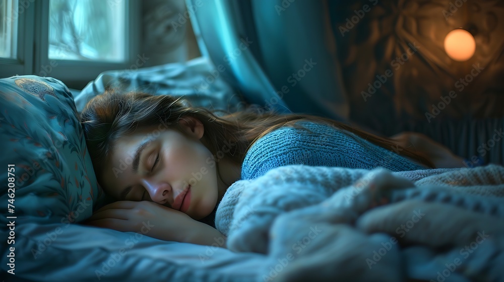 Generative AI : Woman asleep in bed with her head resting on a pillow ...