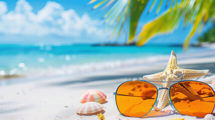 Vibrant summer beach background with sunglasses, starfish, and seashells for leisure, travel, and vacation promotions