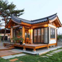 Wall Mural - Tiny one floor timber frame house with single front doors and terrace with korean theme design