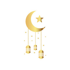 Poster - hanging Arabic traditional Ramadan Kareem lantern on crescent moon and stars. Eid Fitr or Adha Mubarak lamp Greeting card symbol gold golden color outline line icon Vector Illustration