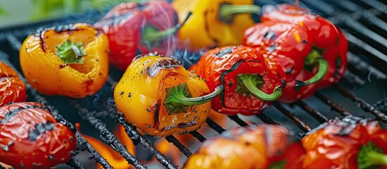 A bunch of peppers grilling on a barbecue grill, creating a delicious vegetable snack.