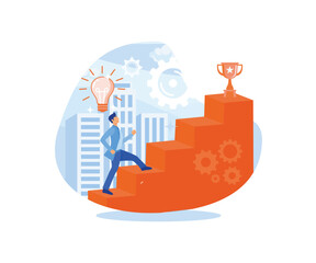 Poster - success business concept. businessman holding trophy cup standing on the stair. flat vector modern i