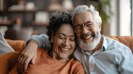 Sticker - Portrait of a happy senior couple relaxing together on the sofa at home. Elderly couple enjoying free time together. Mature couple laughing and cuddling.