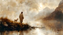 Concept Art Of Jesus And Lamb By The Lake