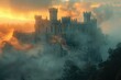 A castle stands surrounded by dense fog in the heart of a forest.
