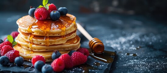 Wall Mural - A stack of cheese pancakes topped with a generous serving of fresh berries and drizzled with syrup, set against a dark background.