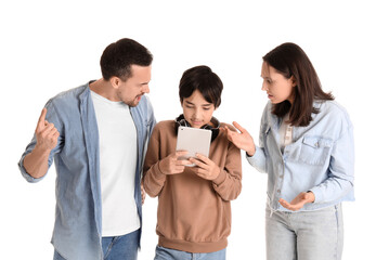 Canvas Print - Teenage boy with tablet computer and his arguing parents on white background. Family problem concept